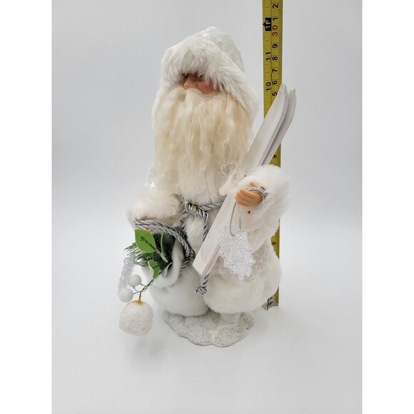 Standing Santa Claus Figure 12" Old World Style White Coat Holding Skis 12" - Picture 7 of 9
